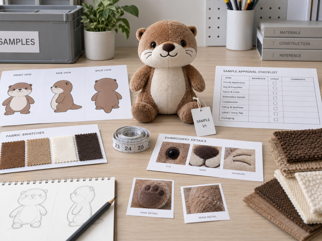 Custom plush sample approval setup with prototype, artwork, measurements, fabric swatches and review checklist