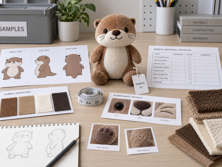 Custom plush sample approval setup with prototype, artwork, measurements, fabric swatches and review checklist