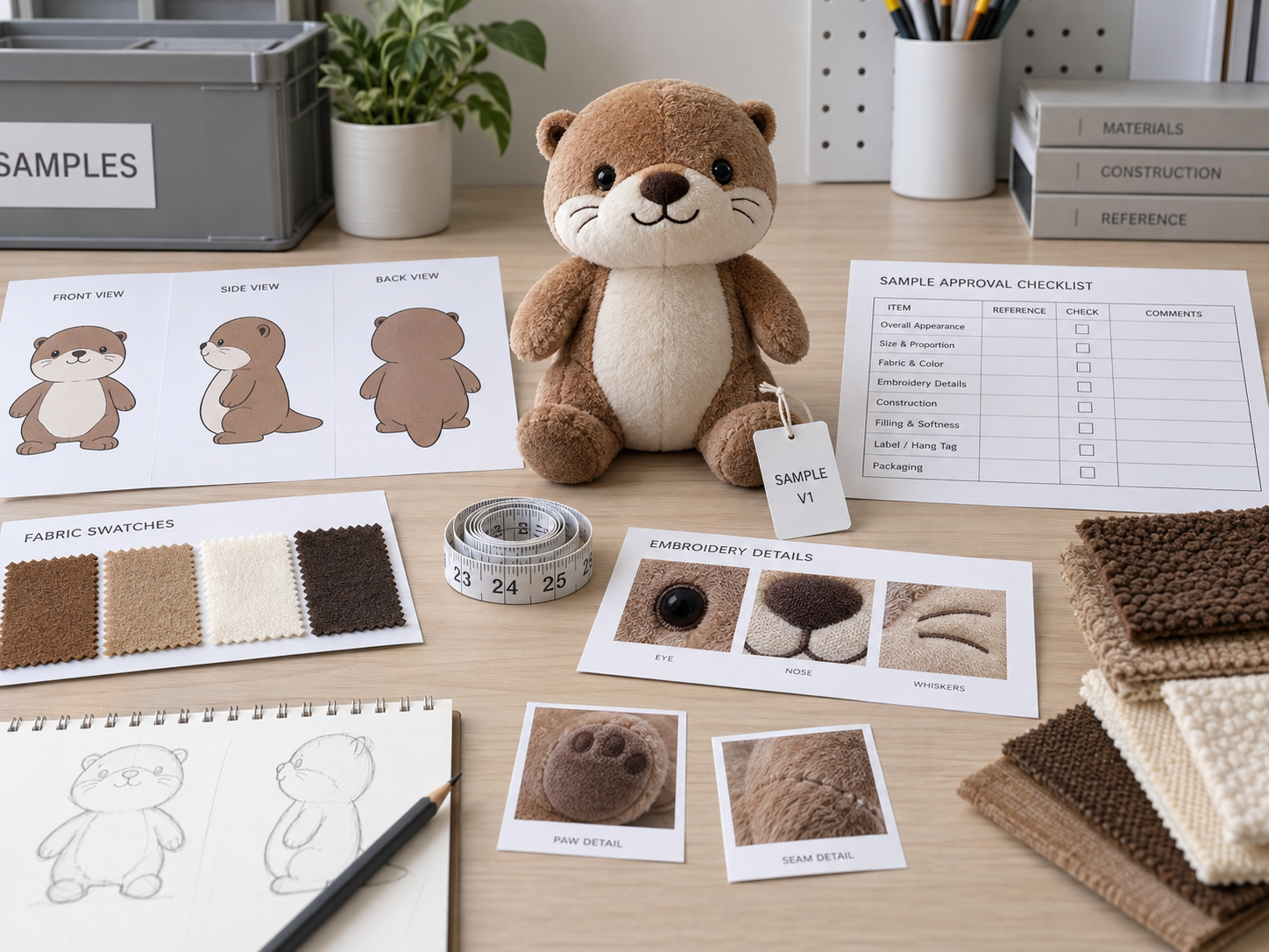 Custom plush sample approval setup with prototype, artwork, measurements, fabric swatches and review checklist