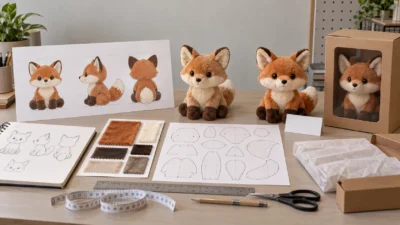 Illustration of plush artwork, paper patterns, fabric swatches, prototype and packing references