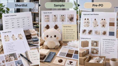 Three-stage custom plush supplier selection process from shortlist to sample and pre-PO verification